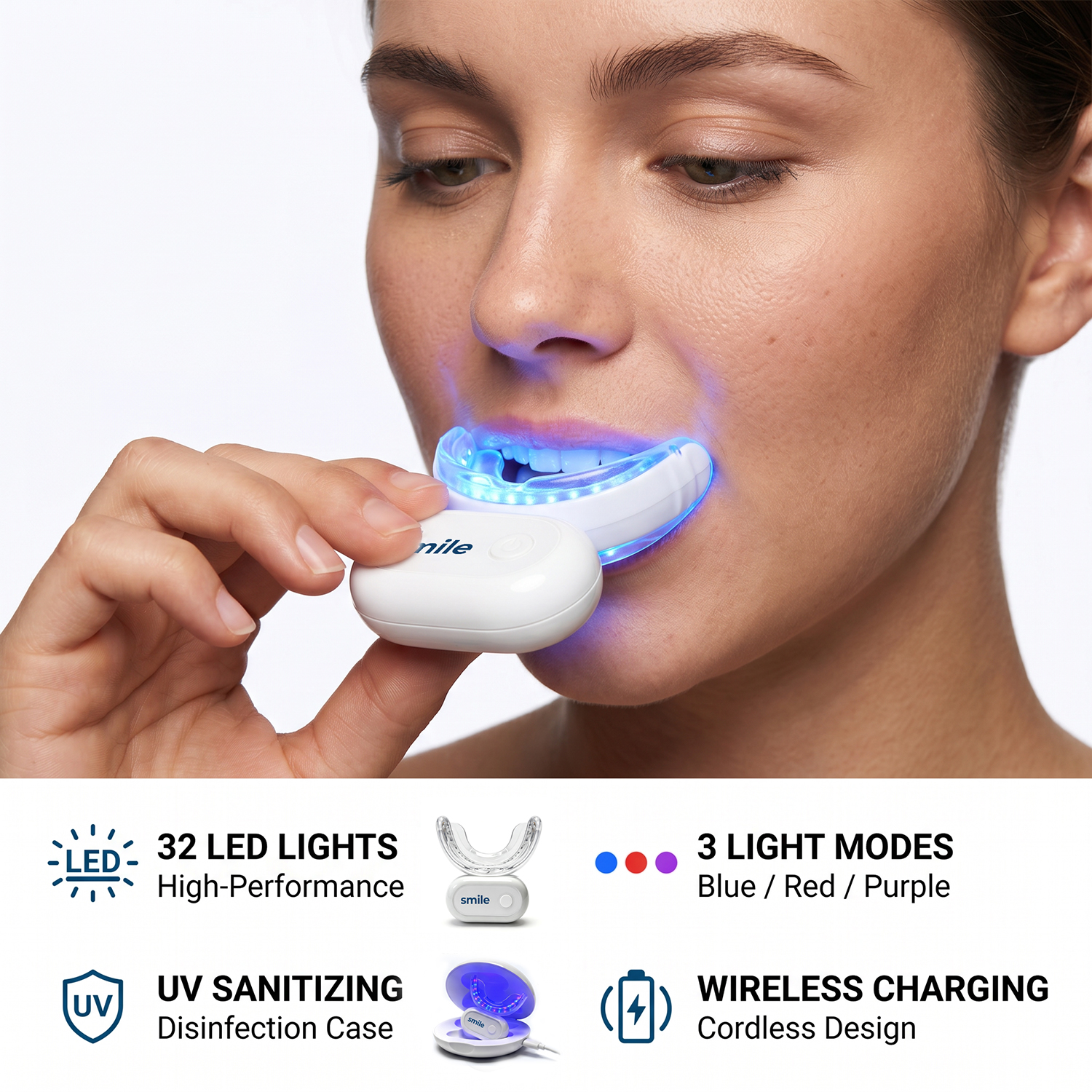 Wireless LED Accelerating Whitening Mouthpiece Rechargeable Teeth Whitening Light with UV Sanitizing Case