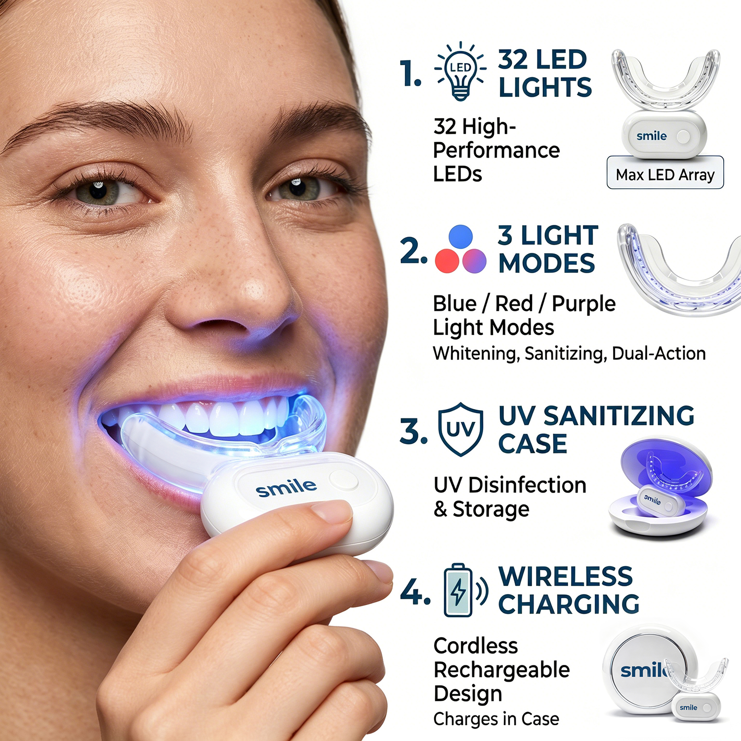 Wireless LED Accelerating Whitening Mouthpiece Rechargeable Teeth Whitening Light with UV Sanitizing Case